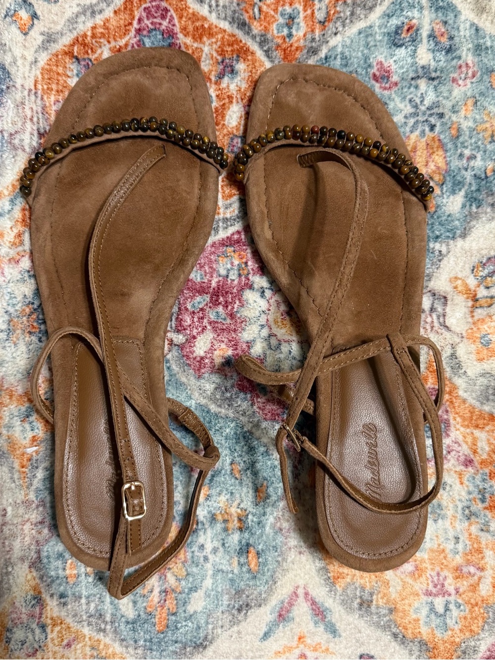 MADEWELL Women's Brown Beaded Suede Toe-Loop Sandals with Ankle Strap size 8.5